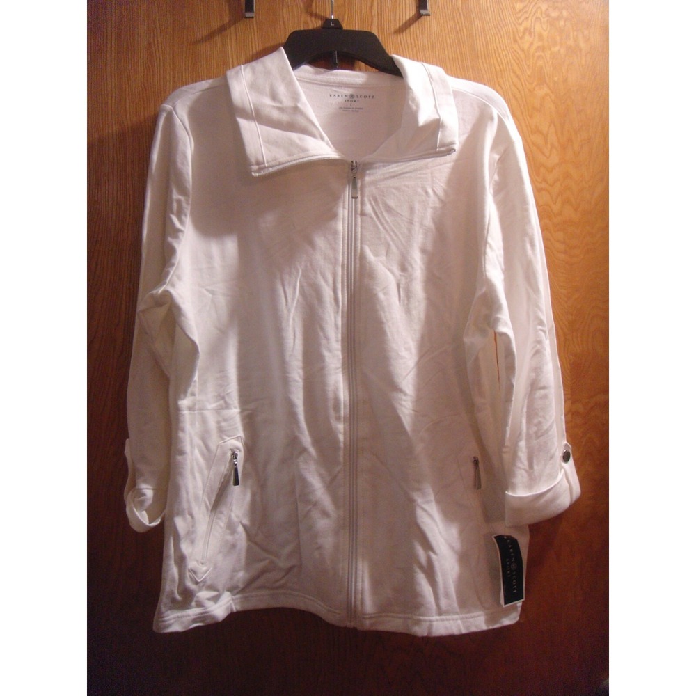 Womens L Karen‎ Scott Sport white zippered front 3/4 sleeve jacket white NEW